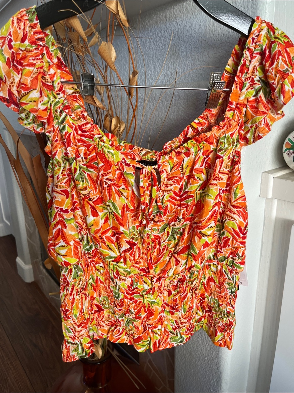 BCX Orange Floral Ruffle Crop Top